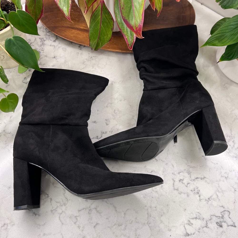 Nine West Womens Black Faux Suede Slouchy Pointed Toe Block Heel Boots Size 10M